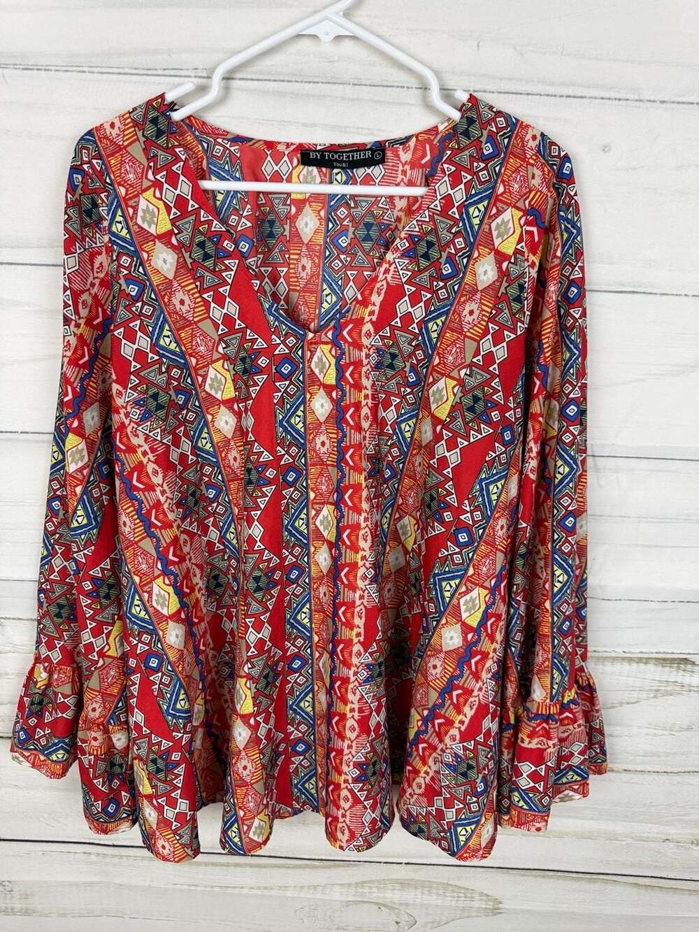 By Together You & I Aztec Geometric Print V-Neck Bell Sleeve Blouse Size L